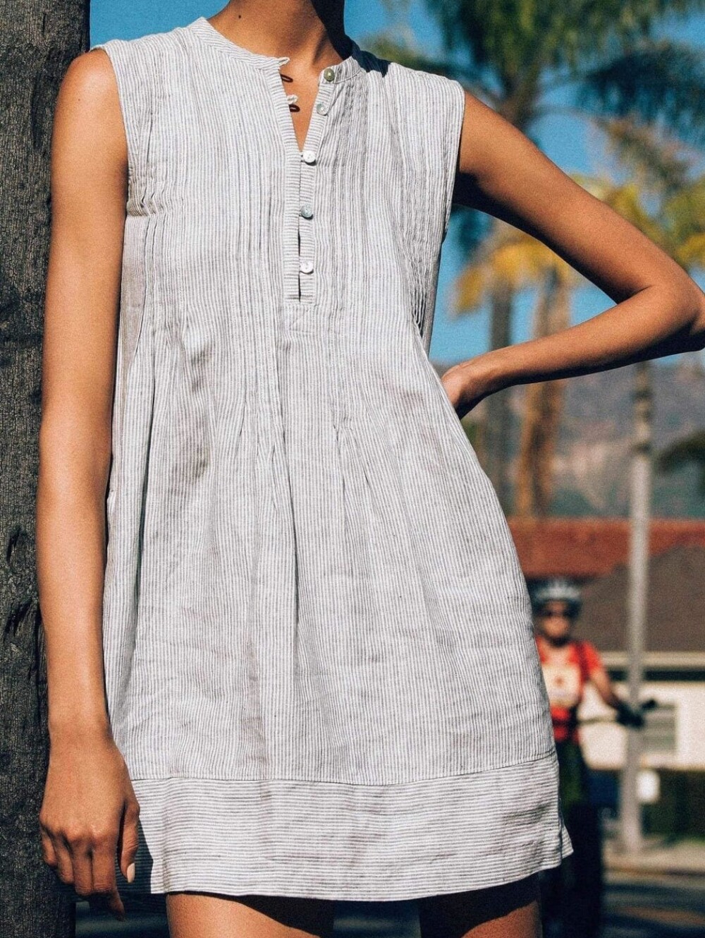 Faherty Isla Linen Blue Mini Stripe Sleeveless Dress Medium Coastal Nautical